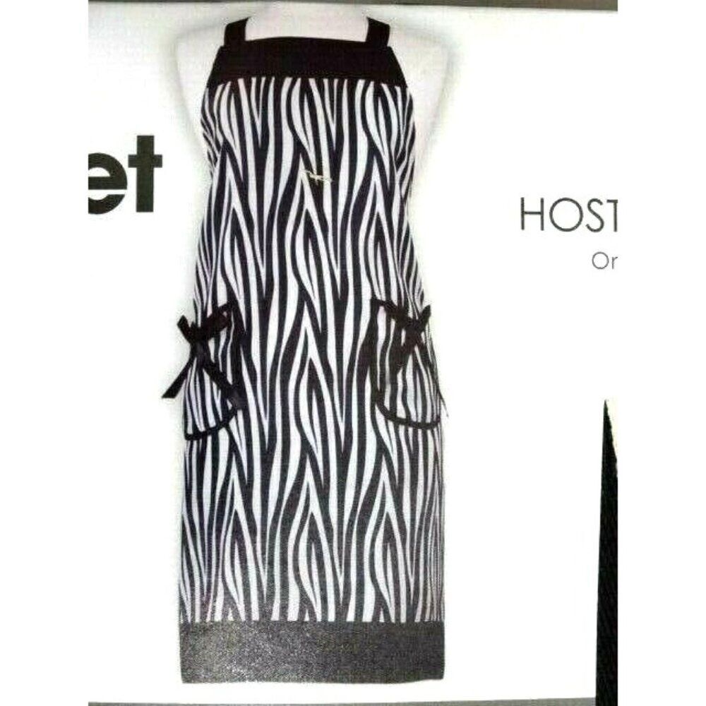 Gourmet Club Zebra Kitchen Apron Ribbon Pockets Black Ribbon Cream Hostess Gift